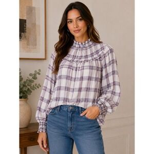 Free People Purple White Plaid Ruffle Smocked High Neck Blouse Large OB1205476